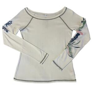 Blue Tattoo Jeans Y2K Boho Cream Embroidered Long Sleeve Cotton Thermal Tee Lg